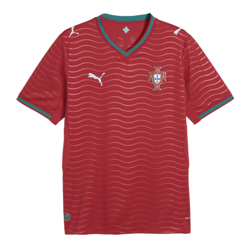 Red Puma Portugal soccer jersey with wavy horizontal patterns, teal trim on the V-neck and sleeves, and the national team crest on the chest.