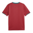 Back view of a red short-sleeve jersey featuring a horizontal wavy pattern, green trim on the collar and sleeve cuffs, and white logos on the shoulders.