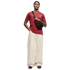 A man wearing a red Portugal football jersey, cream wide-leg trousers, and a black crossbody bag stands against a black background.