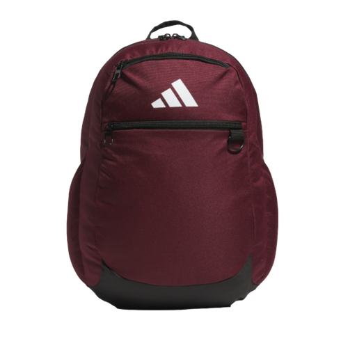 A maroon Adidas backpack with a white logo, black reinforced base, and two front zippered pockets on a black background.