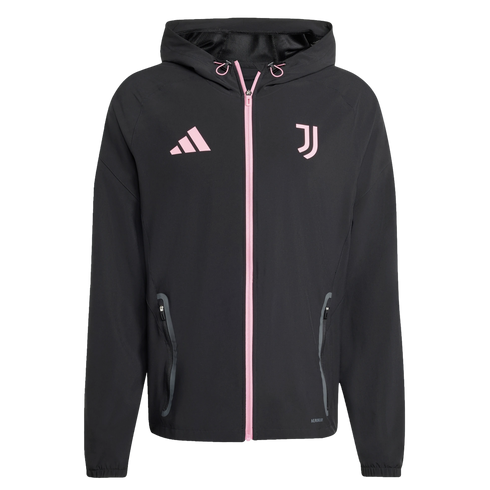 A black Adidas Juventus hooded jacket with pink accents on the zipper and logos. Features side zip pockets and a drawstring hood.