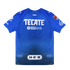 Back of a blue Rayados soccer jersey with white sponsor logos for Tecate, Oxxo Gas, and H-E-B against a black background.
