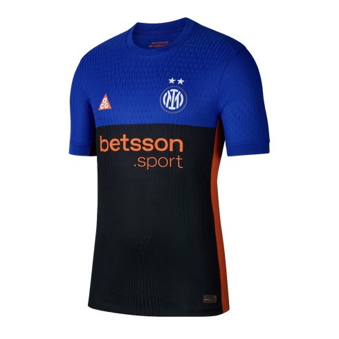 Short-sleeved Inter Milan jersey featuring a blue top, black bottom, orange side stripe, and orange "betsson .sport" sponsor logo.