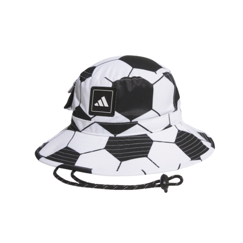 An Adidas bucket hat with a black and white soccer ball pattern, a front logo patch, and an adjustable patterned chin strap, shown against a black background.