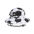 An Adidas bucket hat with a black and white soccer ball pattern, a front logo patch, and an adjustable patterned chin strap, shown against a black background.