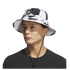 A man wears a white Adidas bucket hat with a black soccer ball pattern and a chin strap, set against a black background.