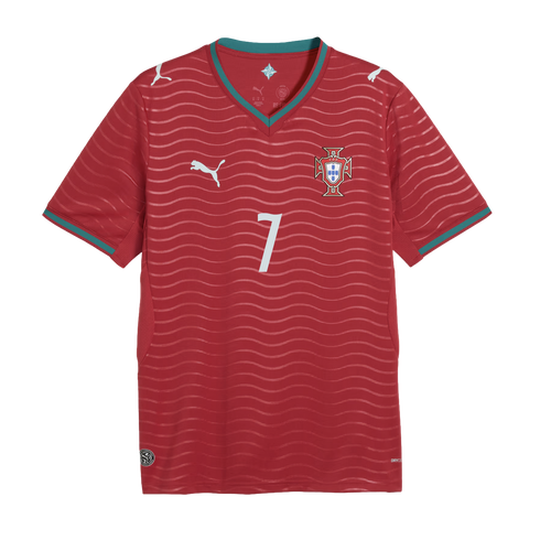 Red Portugal national team soccer jersey by Puma with white number 7, horizontal wavy patterns, and teal trim on the collar and sleeve cuffs.