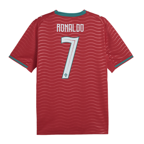 Back of a red Portugal soccer jersey with "RONALDO" and number 7. Features tonal wavy patterns and teal trim on the neck and sleeves.