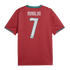 Back of a red Portugal soccer jersey with "RONALDO" and number 7. Features tonal wavy patterns and teal trim on the neck and sleeves.