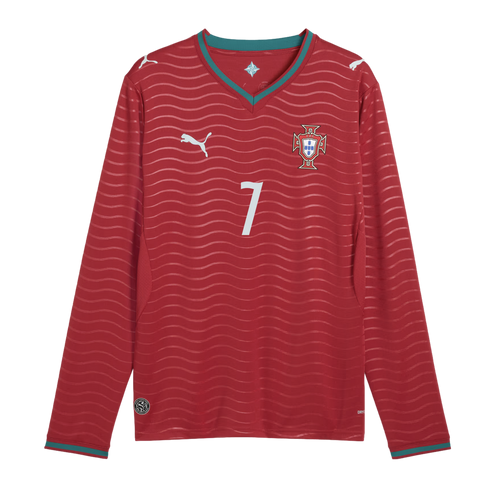 Red long-sleeved soccer jersey with a wavy pattern, featuring a white Puma logo, the number 7, the Portugal national team crest, and green accents on the collar and cuffs.