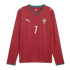 Red long-sleeved soccer jersey with a wavy pattern, featuring a white Puma logo, the number 7, the Portugal national team crest, and green accents on the collar and cuffs.