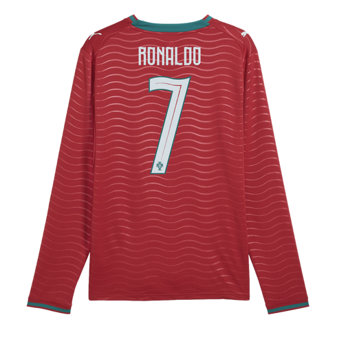 Red long-sleeved jersey showing the back with "RONALDO 7" in white. Features a wavy pattern, teal trim on collar and cuffs, and white Puma logos on shoulders.