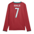 Red long-sleeved jersey showing the back with "RONALDO 7" in white. Features a wavy pattern, teal trim on collar and cuffs, and white Puma logos on shoulders.