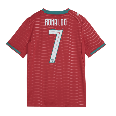 Back view of a red Portugal soccer jersey featuring the name "RONALDO" and the number "7" in white. It has a wavy textured pattern and green and red trim.