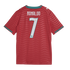 Back view of a red Portugal soccer jersey featuring the name "RONALDO" and the number "7" in white. It has a wavy textured pattern and green and red trim.