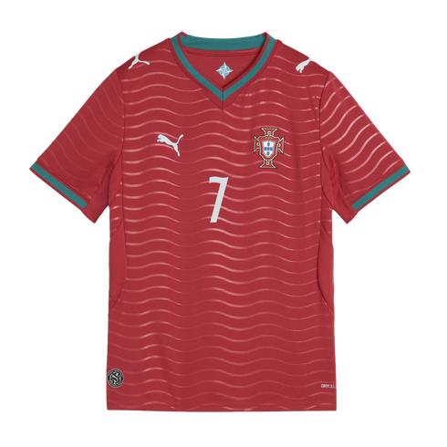 Red Puma Portugal national soccer jersey with white number 7, green trim on the collar and sleeves, and a wavy horizontal pattern across the fabric.