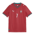 Red Puma Portugal national soccer jersey with white number 7, green trim on the collar and sleeves, and a wavy horizontal pattern across the fabric.