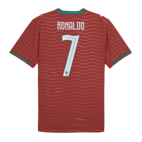 Back view of a red Portugal soccer jersey with "RONALDO 7" in white. Features green trim on the collar and sleeves and a subtle wavy pattern throughout.