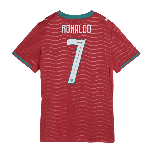 Back of a red soccer jersey with "RONALDO" and the number 7 in white. Features teal trim, a subtle wavy pattern, and Puma logos on the shoulders.