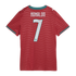 Back of a red soccer jersey with "RONALDO" and the number 7 in white. Features teal trim, a subtle wavy pattern, and Puma logos on the shoulders.