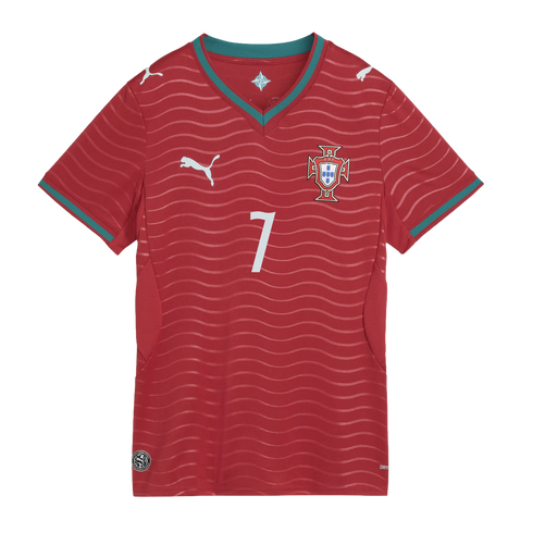 Red Portugal national team soccer jersey by Puma, featuring the number 7, green V-neck trim, and a subtle wavy pattern.