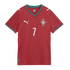 Red Portugal national team soccer jersey by Puma, featuring the number 7, green V-neck trim, and a subtle wavy pattern.