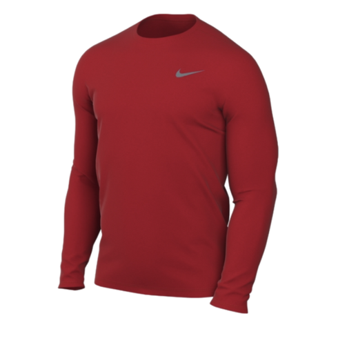 A red long-sleeved Nike athletic shirt with a crew neck and a small grey swoosh logo on the upper left chest.