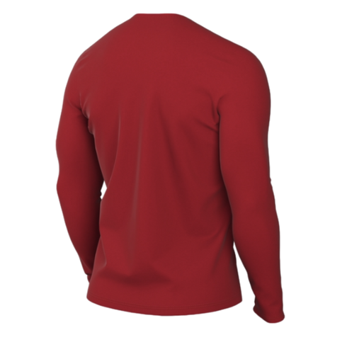 Back view of a red, long-sleeved compression shirt on a figure against a solid black background.