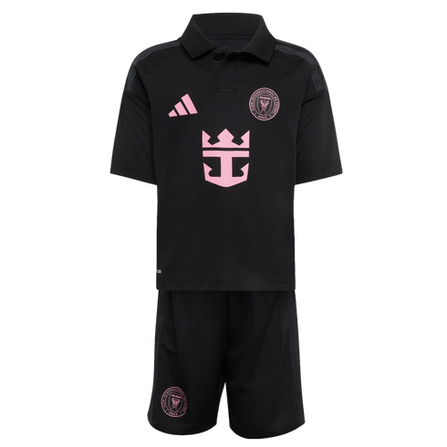 Inter Miami CF youth soccer kit in black with pink accents. Includes a polo jersey with Adidas, Royal Caribbean, and team logos, and matching shorts featuring a team crest.