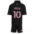 Back view of a black soccer kit with pink lettering. The jersey features the name "MESSI" and number "10". The matching shorts have a pink Adidas logo.