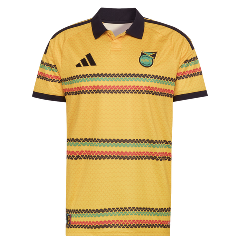 Yellow Jamaica national football team jersey featuring a black collar and wavy green, red, and black horizontal stripes. Adidas logo and team crest are displayed on the chest.