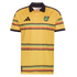 Yellow Jamaica national football team jersey featuring a black collar and wavy green, red, and black horizontal stripes. Adidas logo and team crest are displayed on the chest.