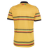 Back view of a yellow Jamaica football jersey with horizontal red, green, and black patterned stripes and "REGGAE BOYZ" text on the upper back. Black collar and sleeve trim.