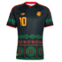 Black Adidas Jamaica soccer jersey with gold number 10, green zigzag accents, and colorful cultural graphics on the lower half.