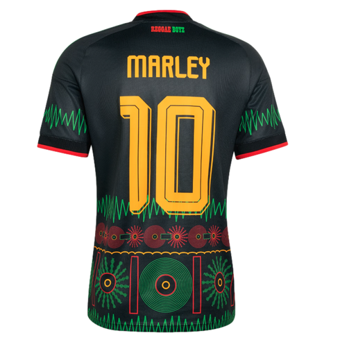 Back of a black Jamaica soccer jersey with yellow "MARLEY 10" text. Features green soundwave zigzags and red and green record-themed patterns at the bottom and sleeves.