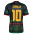 Back of a black Jamaica soccer jersey with yellow "MARLEY 10" text. Features green soundwave zigzags and red and green record-themed patterns at the bottom and sleeves.