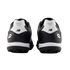 Rear view of a pair of black and white New Balance 442 turf soccer shoes against a solid black background.