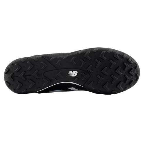 The black rubber sole of a New Balance shoe with chevron-shaped traction studs and a white logo in the center.