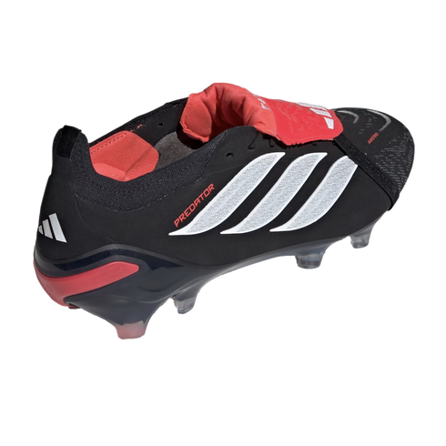 A black, red, and white Adidas Predator soccer cleat featuring a classic fold-over tongue and iconic three-stripe branding on the side.