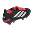 A black, red, and white Adidas Predator soccer cleat featuring a classic fold-over tongue and iconic three-stripe branding on the side.