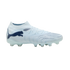 A white Puma soccer cleat with light blue accents and a dark blue logo, shown in profile against a black background.
