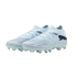 A pair of light blue Puma soccer cleats with dark blue accents and a textured upper, displayed against a black background.