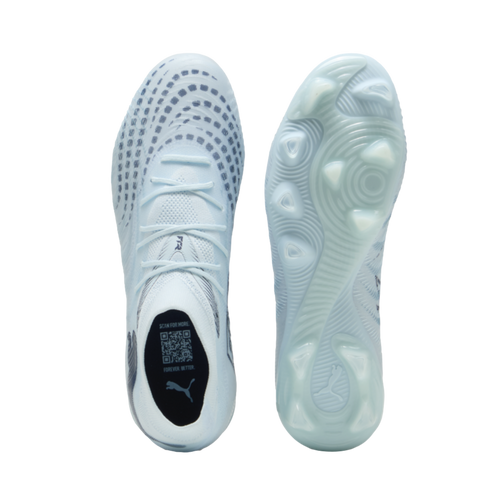 Top and bottom views of light blue Puma soccer cleats on a black background.
