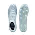 Top and bottom views of light blue Puma soccer cleats on a black background.