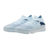 A pair of light blue Puma turf soccer shoes with dark blue details and a white midsole, displayed against a black background.