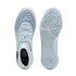 Top and bottom views of a light blue Puma soccer shoe. The top shows a patterned upper and laces, and the bottom features a textured sole with the brand logo.