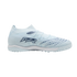 A light blue soccer turf shoe with a dark blue "GTR" logo and textured upper, shown from a side profile against a black background.