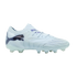 A light blue Puma soccer cleat with an iridescent dark blue Puma logo and matching accents, displayed against a solid black background.