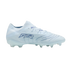 Side profile of a light blue textured soccer cleat with blue branding on the side, displayed against a solid black background.