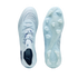 Top and bottom views of light blue Puma soccer cleats against a black background, showing the laces, textured soleplate, and studs.